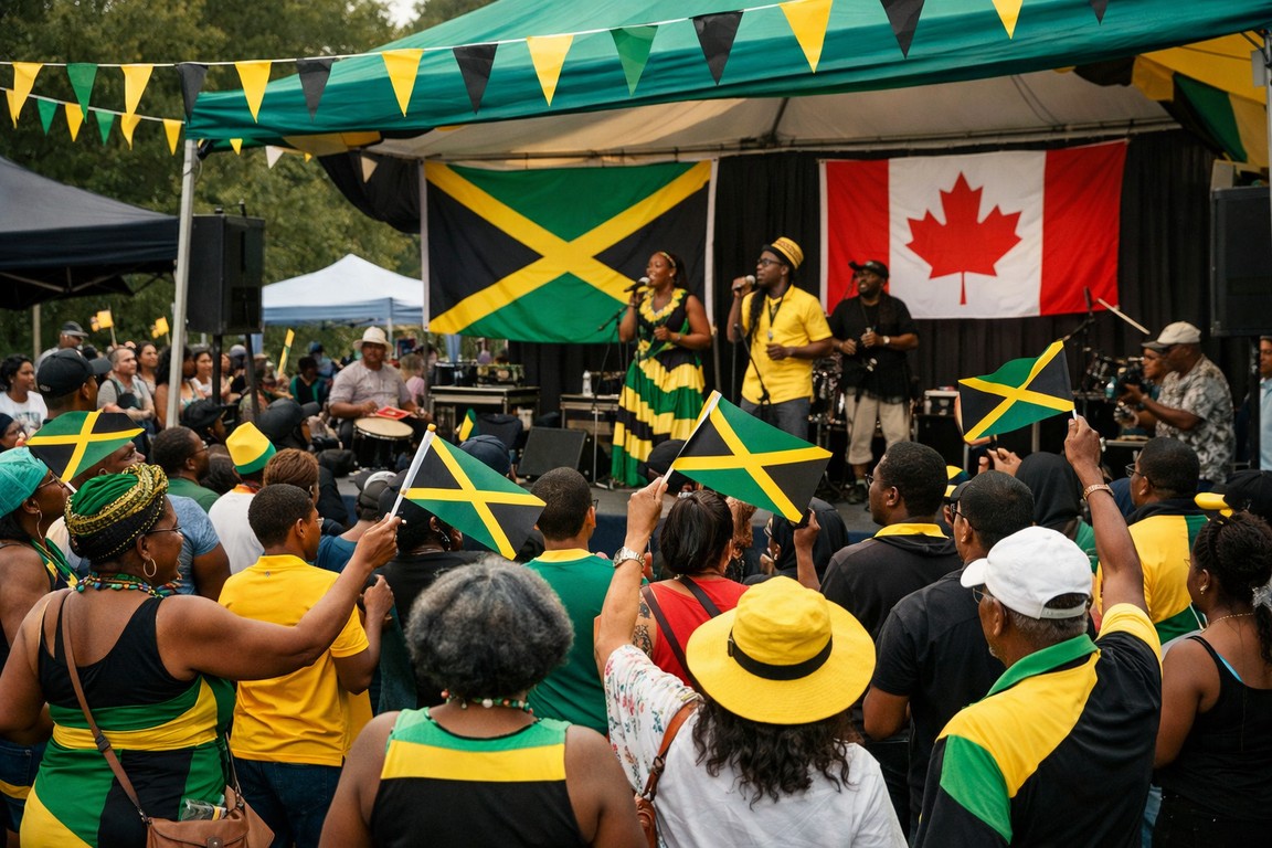 Jamaican Independence celebration in British Columbia with community members and flags