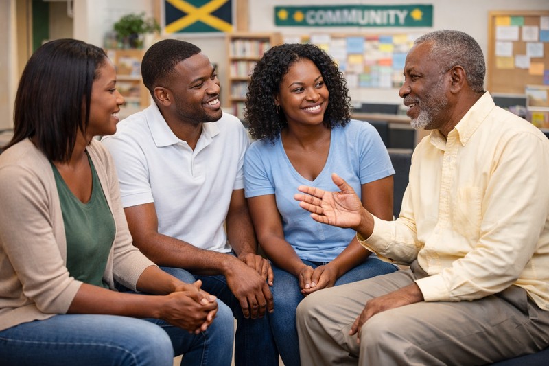 Jamaican adults engaged in a community mentorship discussion in British Columbia
